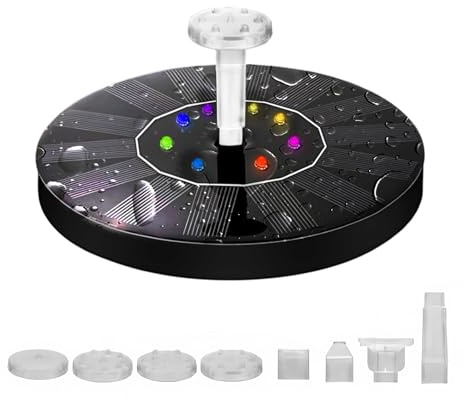 Yesinaly Fontaine à énergie solaire pour bain d'oiseaux, jardin, étang et décoration extérieure – 7 buses, 4 fixateurs, lumières LED colorées, panneau en verre amélioré, petite fontaine à eau pour