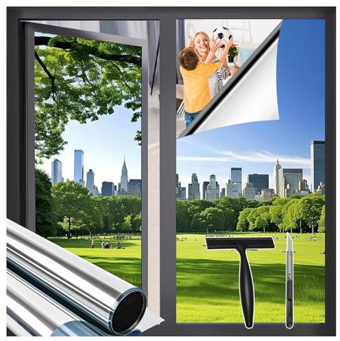 Zindoo Fensterfolie von Innen Durchsichtig von aussen Blickdicht Tageszeit, 44.5 x 120 cm 2er Set UV-Schutz Sichtschutzfolie Selbstklebend Silber Thermofolie, Rückstandslose Sonnenschutz Folie