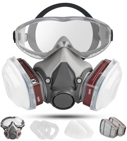 Atemschutzmaske mit Filter und Schutzbrille, Gasmaske Staubmasken Atemschutz Feinstaub Schutzmaske Staub Gase Dämpfe,Lackiermaske Respirator Wiederverwendbar für Lackier,Schleifen,Epoxidharz