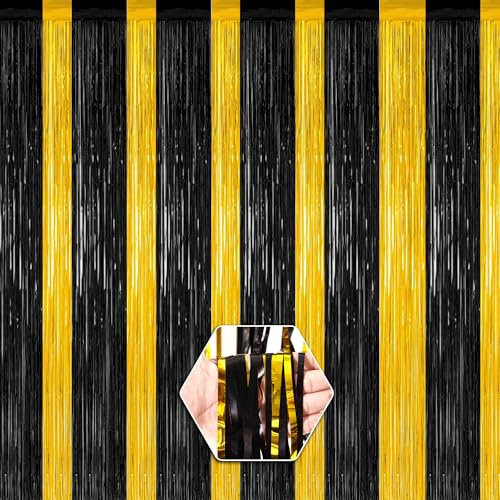 Elalove 2er Set Goldene und schwarze Lametta Vorhänge für Party Deko 1m x 2m – Glitzer Deko für Geburtstag, Hochzeit und Silvester