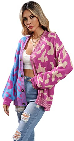 HEYPORK Damen Herbst Winter Warm Bequem Jacke Casual Mode übergangsjacke Mantel Frauen Leopardenmuster Pullover Strickpullover Strickjacke Mittellange Jacke