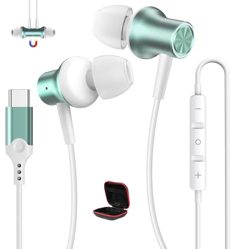 USB C Headphones for Samsung A16 A55 A56 A36 S25 S24 S23 S22 S21 Wired Earbuds Type C Earphones Magnetic Noise Canceling in-Ear Headset with Mic for iPhone 16e 15 Pixel 9a 8 for OnePlus 13 Mi 15 Cyan