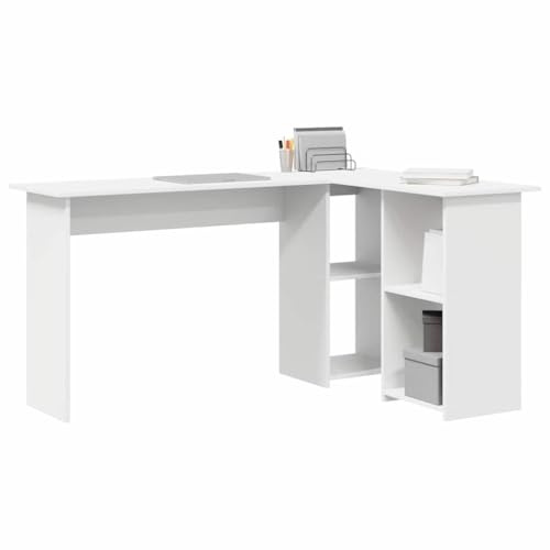 vidaXL Desk with Shelf White 142 x 102 x 73 cm Engineered wood, Modern Rectangular Desk, Functional Home Office, Stylish Workspace Table, Durable Study with Ample Storage
