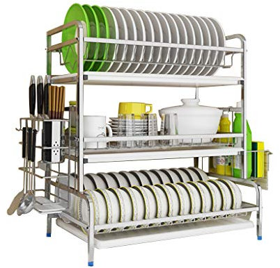 Escurridor de Platos con Cesta Colgante, escurridor de Cubiertos, escurridor de Platos, escurridor de Platos de 3 Niveles con Soporte para Utensilios, Soporte para Tabla de Cortar y escurrid
