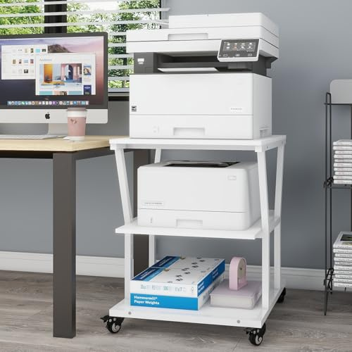 PUNCIA 3-Ebenen Druckerständer Druckertisch mit Rollen 50 x 50 cm | Fläche Mobiler Druckerwagen mit Bremsen aus Holz & Metall Druckerregal für Drucker Scanner Kopierer Büro Schule Weiß
