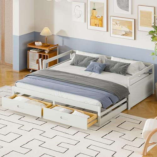RIAZOS Ausziehbares Schlafsofa 90/180x200 cm, Tagesbett mit Schubladen und Lattenrosten, Kiefernbett mit Stauraum, Daybett Gästebett, Weiß