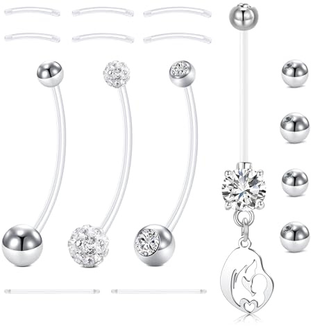 LAURITAMI 14G Bauchnabelpiercing Schwangerschaft 32mm Acryl Fleixble Bioflex Schwangerschaftspiercing Bauchnabel mit 12/14/16/25mm Ersatz Bar Ersatzkugel 5/8mm,16 Stück Bauchnabel Piercing Set