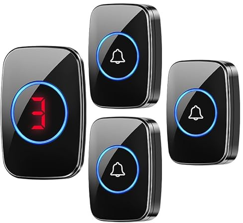 SLDAGe Funkklingel 3 Sender, Kabellose Türklingel Batteriebetrieben mit Digitale LED-Anzeige, 300m/1000ft Reichweite, 60 Melodien, Lautstärke 5, IP66 Aussen Haustür Klingel Schwarz,3 in 1