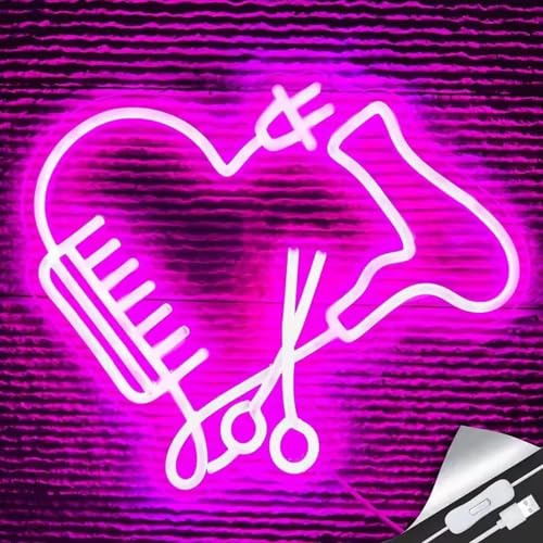 NEON LED Licht, dekorative Wand-Leuchte, Friseur Föhn Schere Kamm, pink, ca. 35,5 x 30,8 x 2 cm, Deko-Licht, Wohnzimmer, Gaming-Zimmer, Nachtlicht für Schlafzimmer, Gamer Design-Lampe, USB-Betrieb