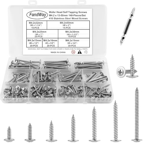 FandWay 140Pcs Wafer Head Self Tapping Screws 410 Stainless Steel,M4.2 Wood Screws,Modified Truss Head Self Drilling Screw, Sheet Metal Screw Length :13~50mm Phillips Drive for Alu WoodWork Plastics.