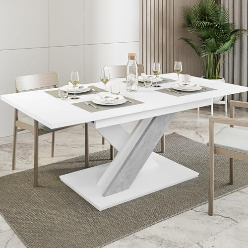 White Extendable Dining Table, 8 Seater, 140-180cm, Concrete Effect, BRONX | 6ft Modern Dining Table, Seats 6-8 People, Table Only – No Chairs, Kitchen Table, Industrial Style, Space-Saving Design