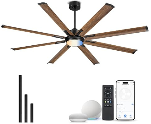 Ventilador de techo de 72 pulgadas con luz, diseño industrial con 8 cuchillas de aluminio, control inteligente funciona con Alexa, ventilador de cochera interior y exterior para sala de estar, patio