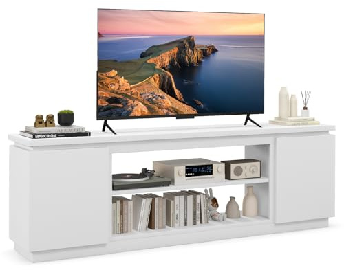 COSTWAY TV Stand Cabinet for 80 Inch TVs, Wooden Media Entertainment Center with Adjustable Shelves and 2 Doors, 178cm Living Room Bedroom TV Unit Console Table for 36 Electric Fireplace (White)