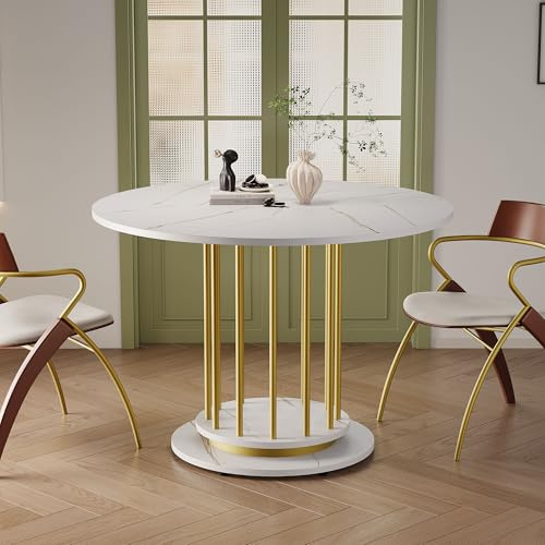 Ligterra Esstisch Rund, Esszimmertisch, Marmoroptik, Metallgestell, Platzsparender Küchentisch für 2–4 Personen, Perfekt für Esszimmer Oder Wohnzimmer, 110 * 110 * 74.6cm (Weiß+Gold)