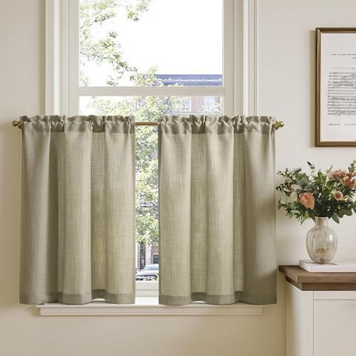 TOPICK Scheibengardine Bistrogardine 2er Set Leinenoptik H75xB65 Taupe | Blickdicht Küchenvorhänge modern Lichtdurchlässig Schrank küche Kurzgardine Küchfenster landhausstil küchengardine Wohnzimmer