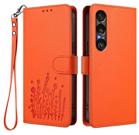 GOGME Case for Sony Xperia 1 VII, Elegant Floral Leather Cover with TPU Bumper, Shockproof Stand Shell & Wallet Design - Orange