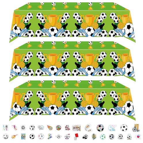 ZenyTra Tischdecke Fußball 3er Set - 3X Fussball Deko Tischdecke 137x183 cm + 30 Sticker, Grüne Party Tischdecke für Geburtstag, Bundesliga, Champions League Dekoration