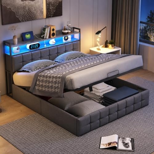 BAJKNIU Polsterbett 160x200 cm mit hydraulischem Stauraum, Doppelbett mit LED-Beleuchtung und USB‑Anschlüssen, gepolstertes Kopfteil aus Leinen, Lattenrost, ohne Matratze, Grau