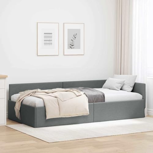 QJBSAVVA Eckbettgestell 90x200 cm Dunkelgrau mit Lattenrost Modernes Design Robustes Holzwerkstoff & Textil Daybed für Gästezimmer Jugendzimmer Studiowohnung