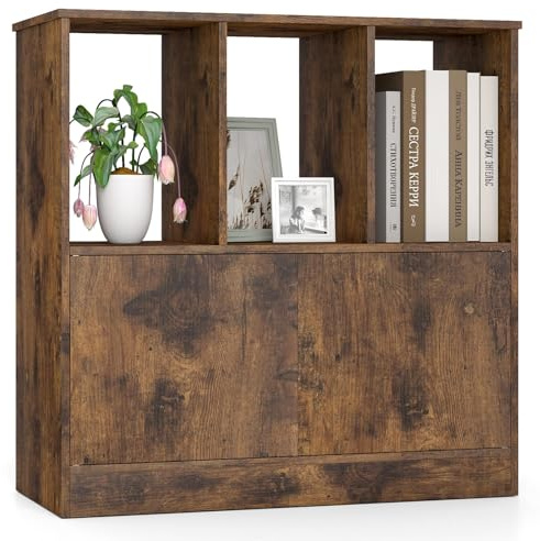 COSTWAY Librería de 3 Cubos con Puertas, Estantería Libros de 3 Niveles con Compartimentos Abiertos y Armario, Librería Estantería Madera Salón Oficina Dormitorio, 70 x 30 x 70 cm (café)