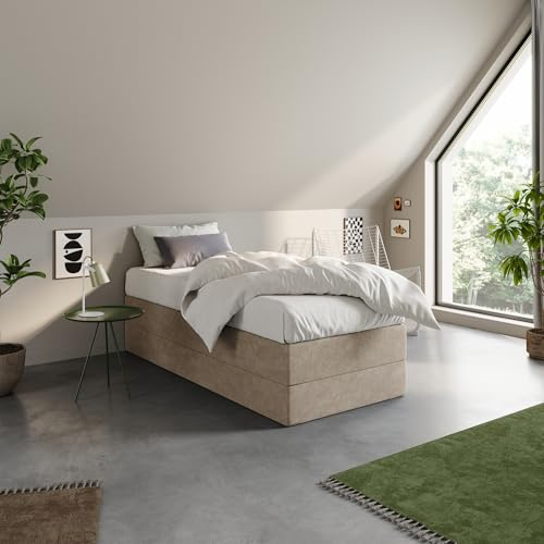 Home Collective Boxspringbett Polsterbett Bett wählbare Matratze Bonnell H2, Micro-Velours, platzsparend ohne Kopfteil | 100x200 | Beige