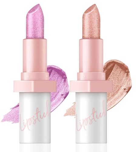 2 Pcs Glitter Lipstick, Pink Shimmer Lipstick, Metallic High Impact Long Lasting Lipsticks for Women Party & Daily Makeup