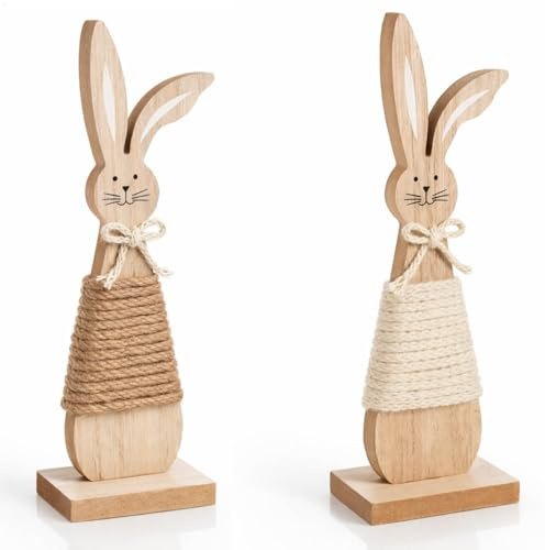 com-four® 2X Deko-Hase aus Holz - Aufsteller für Osterdekoration - dekorativer Holz-Osterhase mit Juteband und Schleife zum Hinstellen - Oster-Holzfigur (2 Stück - Hasen Juteband)