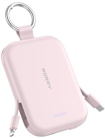 RORRY Portable Charger 5000mAh Power Bank with Built-in 2 Cables -Pink | Travel Keychain Design,Charger Battery Pack for iPhone 17/16/15/14/13/12, for AirPods 2/3/4/Pro