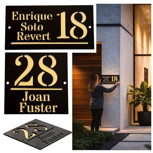 Número de Casa Personalizado con Nombre Placa Exterior Moderna en Metacrilato Negro y Oro – Letrero Dirección Casa Regalo Casa Nueva para Familia Placa Decorativa Olesea