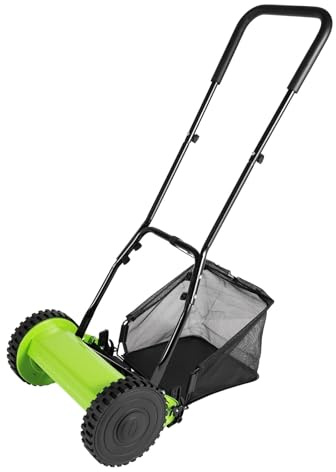 Cortacésped Manual con Carrete de Empuje, cortacésped de Carrete de 5 Cuchillas de 12 Pulgadas con recogedor de césped, Altura Ajustable, cortacésped Compacto para Espacios pequeños, jardín y 12inch