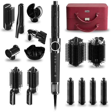 Cecotec Cepillo de Aire Moldeador Multifunción con 14 Accesorios AirGlisse 14in1 Platinum. 110000 rpm, 1400W, Función Plasma, Placas Calefactoras, Función Rotativa, Motor Brushless, Estuche de Cuero