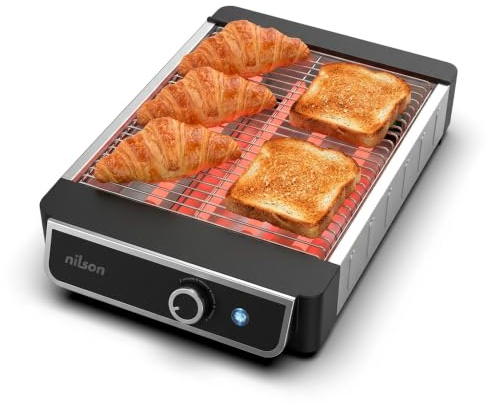 Nilson Life Tostador Plano de Pan, Horizontal, 1000 W, 6 Niveles de Tostado, Control Manual, Temporizador Digital, Tuesta y Cancela, Bandeja Recogemigas, Fácil Limpieza, NTS1000FL4, Cable 75 cm, Inox