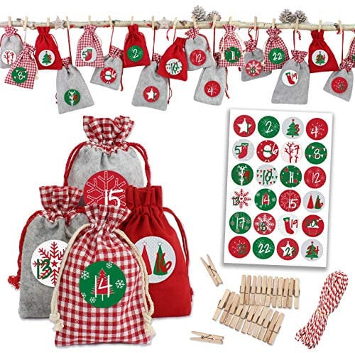 24 Adventskalender Stoffsäckchen zum Befüllen - mit Bäckergarn und Klammern - Stoffbeutel zum selber Dekorieren - Geschenksäckchen von Papierdrachen