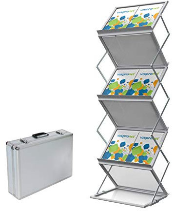 Vispronet Faltbarer Prospektständer DIN A3 Querformat, mit Transportkoffer, Alu, für A4 & A3, doppelseitig, Katalogständer, Prospekthalter