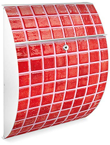 Burg Wächter Design Briefkasten| Modell Riviera 46cmx33,5cmx13cm groß| verzinkter Stahl weiß | Postkasten mit Öffnungsstopp, großer A4 Einwurf, Zylinderschloss, 2 Schlüssel Rote Kacheln
