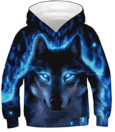 Jungen und Mädchen Hoodie 3D Wolf und Tiger Gedruckt Kapuzenpullover, Morbuy Unisex Kinder Casual Langarm Warm Sweatshirt mit Kapuze mit Taschen für 6-14 Jahre (M (135-140cm),Blauer Wolf)