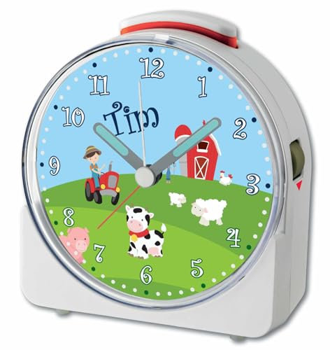 CreaDesign, WU-71-1002, Bauernhof, analog Kinderwecker weiß, Funkwecker mit Sweep-Uhrwerk und fluoreszierenden Zeiger und Licht, personlisiert mit Namen, 10,2 x 4,6 x 11 cm