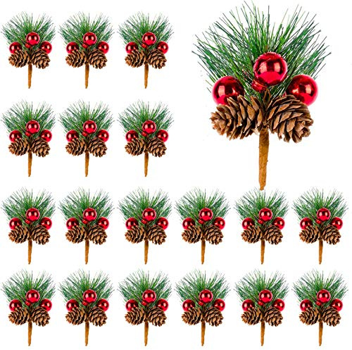 KY-Tech Artificial Christmas Pine Picks, 24pcs Red Berries Pine Cones Wreath Making Supplies for Christmas Craft Decoration
