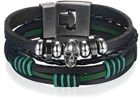 Flongo Lederarmband Männer Armband Frauen Armreif Freundschaftsarmbänder BFF Armbänder für 2 Schwarz Grün Totenkopf Kreuz Rose