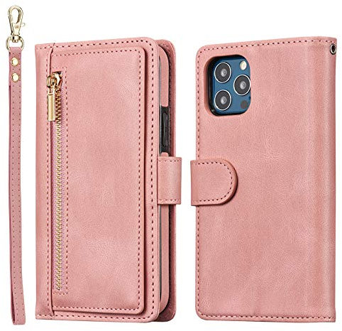 QLTYPRI Hülle für iPhone 12 Pro Max, Premium Leder Handyhülle mit Große Kapazität Kartenfach Ständer Multifunktionale Schutzhülle Kompatibel mit iPhone 12 Pro Max (6.7 Zoll) - Rosegold