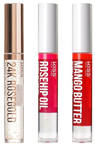Kiss New York 3 PACK Lip Oil Gloss, Hydrating Non-Sticky Lip Oil, 100% Natural Oil Clear Lip Gloss, Lightweight Lip Moisturizer (Rosegold & Rosehip & Mango Butter)