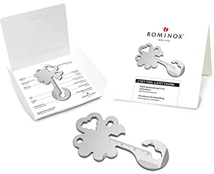 Artículo de regalo: ROMINOX Key Tool Lucky Charm, 19 funciones, llavero de trébol, amuleto de la suerte, acero inoxidable, multiherramienta con descripción de función, herramienta multifunción
