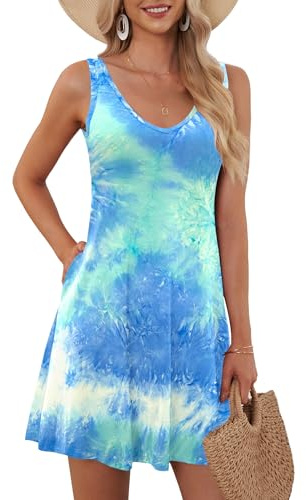AUSELILY Sommerkleid Damen Ärmellose Strandkleid Leicht Swing Kleid V Ausschnitt Mini Kleid mit Taschen Blaugrünweiß Gefärbt XL