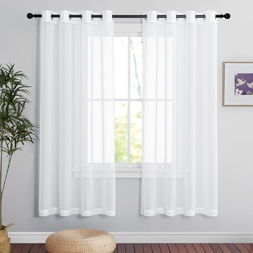 PONY DANCE Schlafzimmer Gardinen mit Ösen Leinenoptik Vorhang Weiss Transparent Fenster Vorhänge für Wohnzimmer Gardinenschals, 2er Set H 175 x B 140 cm, Weiß