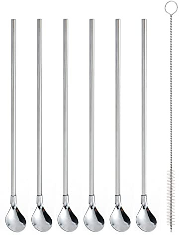 ERCRYSTO Reusable Stainless Steel Long Handle Straws Spoon, 6 Pieces 8.6, with 1 Cleaning Brush (circular)