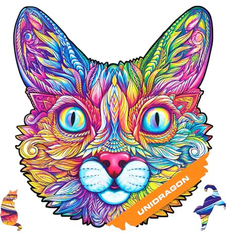UNIDRAGON Original Wooden Jigsaw Puzzle - Impressive Cat, 300 pcs, King Size 12.2x13.8, Unique Animal Shaped Puzzle Box, Birthday Gift Idea for Kids, Adults, Girls, Boys, Family Game and Hobby