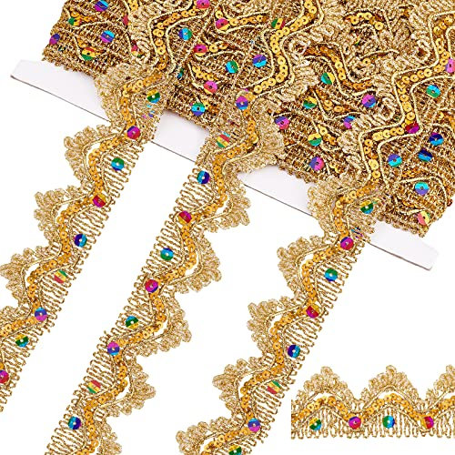 PandaHall Goldener Spitzenbesatz Mit Pailletten 9.8 Yard Vintage DIY Bastelkante Spitze Dreieck Metallic Spitzenband Zum Nähen Basteln Party Kleid Haarschmuck Hut Tasche Dekoration 1.5 Zoll Breite