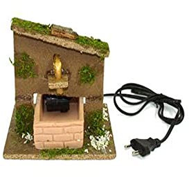 Fontana con muretto in mattoni per Presepe con Base e tetto in Legno Muschio Scenario Paesaggio Presepio Napoletano 16cm x 13 x h.16cm motore e pompa inclusa Natale