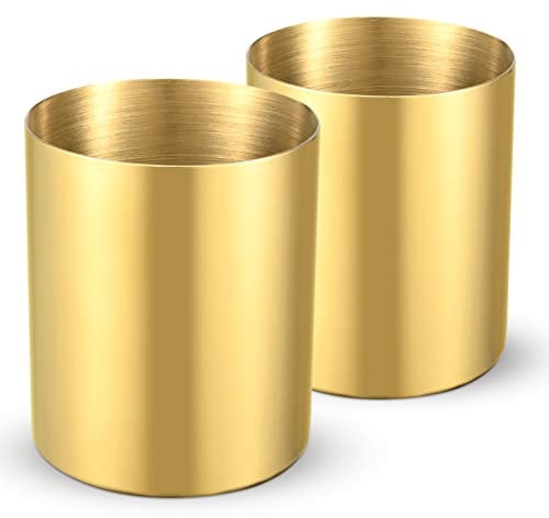 Bidponds Round Stainless Steel Pen Holder,Minimalist Mini Metal Vase,Desktop Stationery Organizer,Vacuum Plating Makeup Brush Holder,2-Pack (Gold)