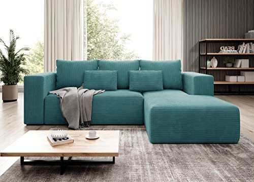 Moderno Ecksofa mit Schlaffunktion und Bettkasten Stripes - Sofa mit 3 Sitzer und Robuste überzug - Schlafcouch L-Form - Modern Couch Cord - 255x73x161 cm - Rechts Türkis